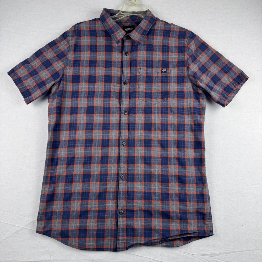 Fox Racing Mens Plaid Short Sleeve Button Down Shirt Blue Orange Size M